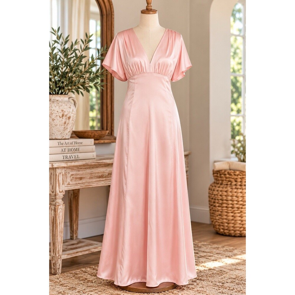 Chelsea28 Pink Satin Maxi Dress XL V Neck Dolman Sleeve Wedding Guest Formal